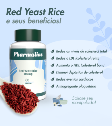 Red Yeast Rice é composto pelo extrato do arroz vermelho fermentado pelo fungo Monascus purpureus. Fitoterápico com nutrientes e várias propriedades benéficas para a saúde. É muito utilizado na medicina tradicional chinesa.